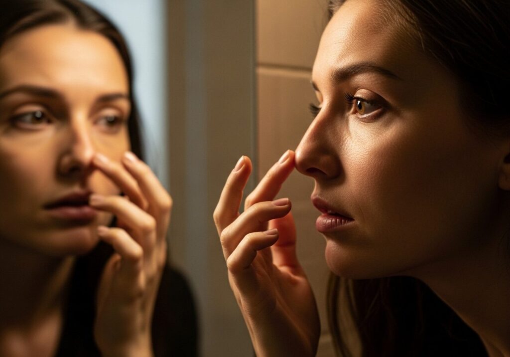 Woman Worried About Nose in Mirror